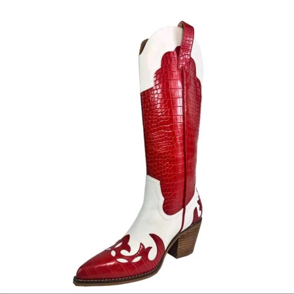 NEW WOMENS KNEE-HI EMBORDGED CROCO PRINTED STACKED HEEL POINTED TOE BOOTS - Picture 1 of 6